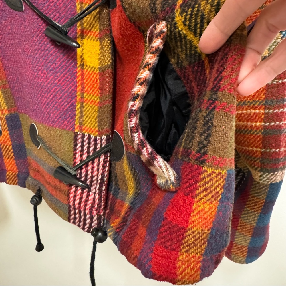 Vintage 90s The Limited Multicolored Plaid Patchwork Hooded Toggle Jacket L - Picture 5 of 13
